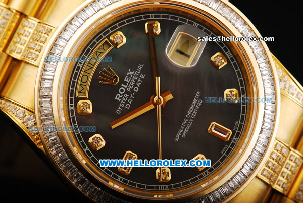 Rolex Day Date II Oyster Perpetual Automatic Movement Full Gold with Diamond Bezel - Diamond Markers and Black MOP Dial - Click Image to Close
